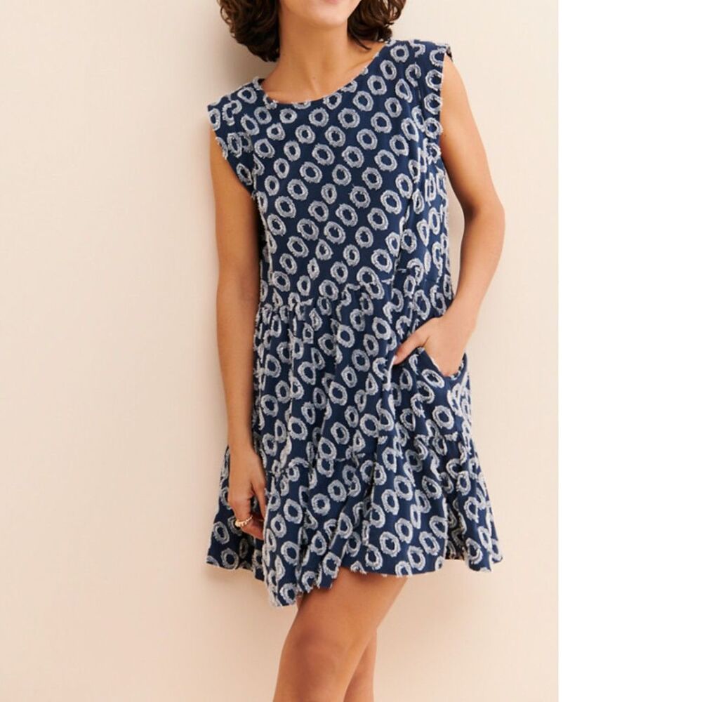 Maeve Anthropologie Lisanne Textured Tunic Mini Dress XS Navy Blue Cotton Blend